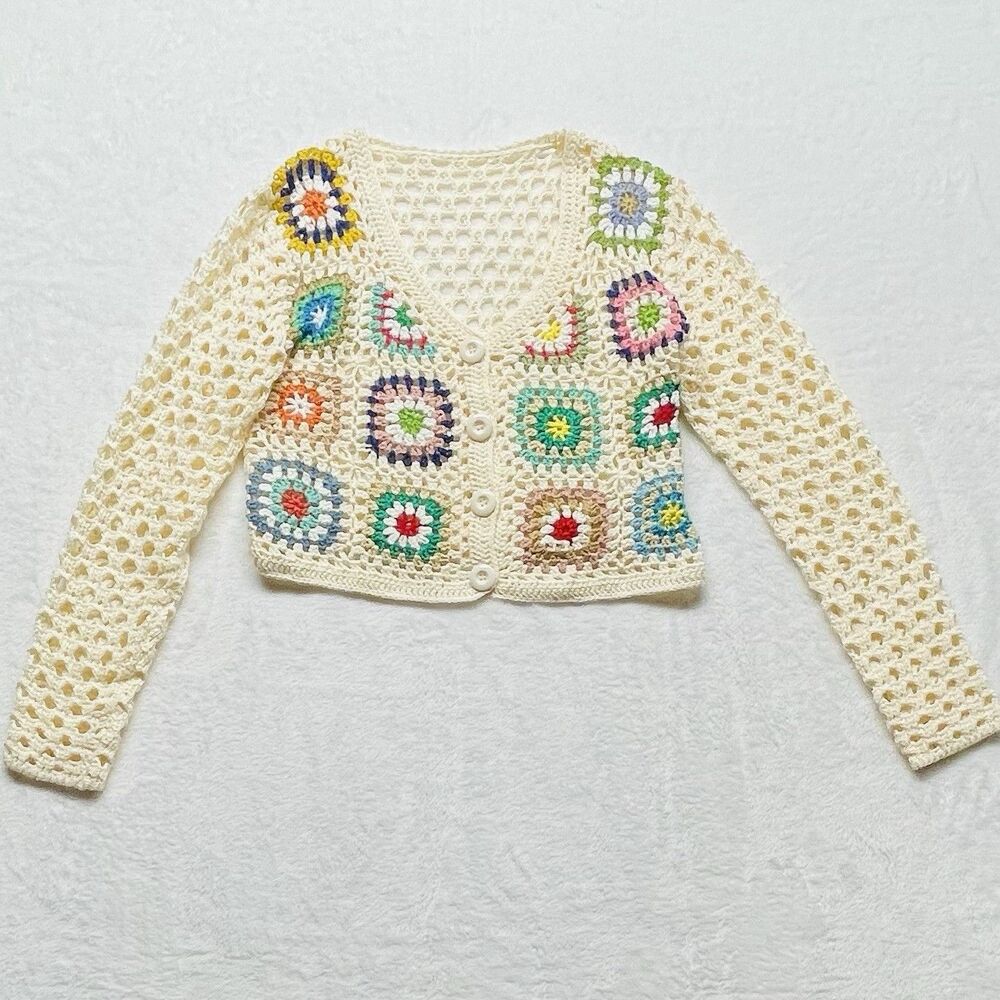 Granny Core Square Cropped Crochet Cardigan Hippie Sz M